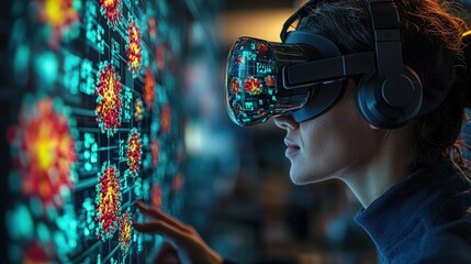 Scientist Wearing VR Goggles Interacting with Complex Data Visualizations