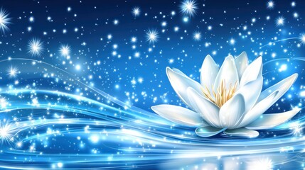 Ethereal Lotus Bloom: Serene White Flower Amidst Sparkling Starfield and Flowing Light