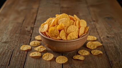 Yellow circular tortilla chips. Bowl filled with round nacho chips on an old wooden kitchen table.