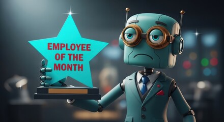 Sad robot employee of the month holding a star award in a business office