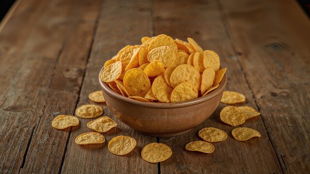 Yellow circular tortilla chips. Bowl filled with round nacho chips on an old wooden kitchen table. - Powered by Adobe
