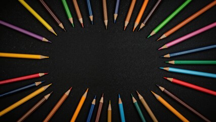 Fototapeta premium Colorful pencils laid out on a black surface, seen from the top