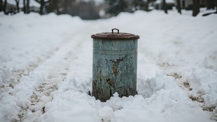 Waste bin placed at the driveway limit in wintertime with snow covering the ground, highlighting ecological waste handling and daily life context