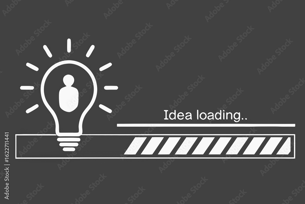 Poster idea loading concept with light bulb and person icon representing innovation and progress on dark ba