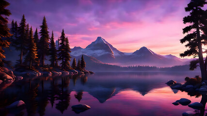 Scenic landscape of a lake with reflections of pine trees and a snow-capped mountain at sunset, fantasy art,4k