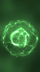 Bright glowing green energy sphere made of floating particles, radiating in a dark green abstract space