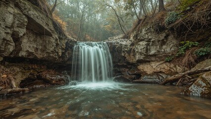Fototapeta premium Long shutter capture of waterfalls amid rocky trees