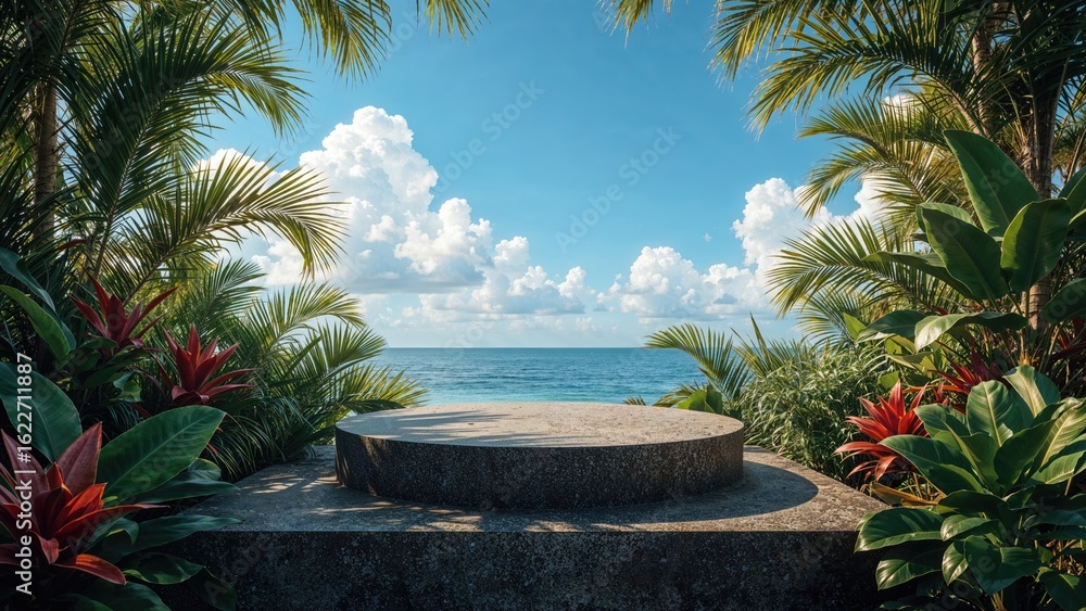 Poster stone platform in a lush jungle for showcasing items with a sky backdrop, 3d rendering