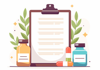 Flat medical illustration with clipboard, prescription paper, medicine bottles, and capsules. Healthcare and pharmaceutical concept with herbal elements. Perfect for medical and wellness designs