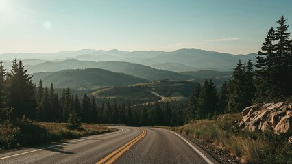 A beautiful pathway meandering through lush forests and undulating terrain, approaching mist-shrouded mountains in warm sunlight.