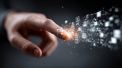 A hand reaching towards digital symbols, symbolizing technology and innovation.