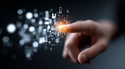 A hand interacts with digital symbols, symbolizing technology and connectivity.