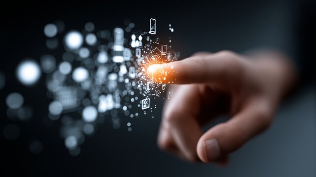 A hand interacts with digital symbols, symbolizing technology and connectivity.