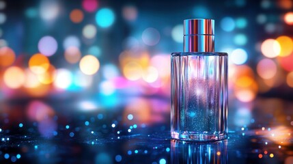 Elegant Perfume Bottle with Bokeh Lights and Reflective Surface, Luxury Concept.