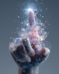 A hand reaching out, surrounded by sparkling particles and light effects, conveying a sense of magic and connection.