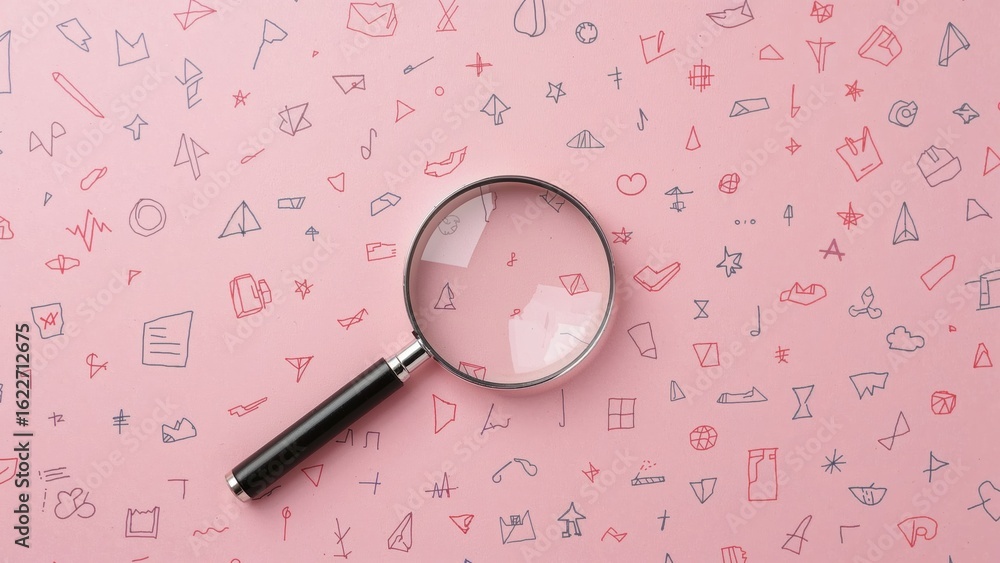 Poster chic pattern crafted with a magnifying lens on a pale pink backdrop. focus on searching for details.