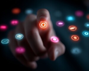 A hand touching vibrant digital icons in a futuristic interface.