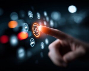 A hand interacts with a digital touchscreen displaying various icons and controls.
