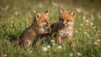 Play-fighting red fox pups in the wilderness, where many foxes show a variety of darker fur tones.