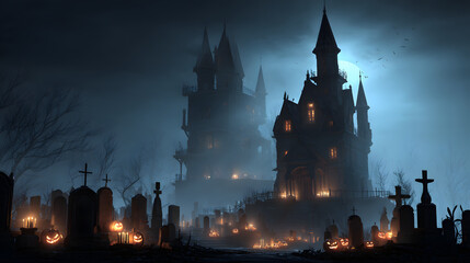 Fototapeta premium 3D illustration of a Halloween concept dark background of a castle and graveyard. Horror background In foggy weather. Happy Halloween