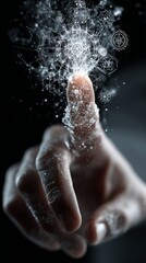 A hand touching a glowing, digital interface, symbolizing technology and innovation.