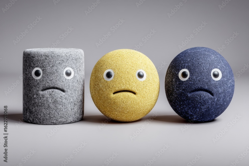 Poster quirky abstract sculptures representing emotions in a minimalistic setting with gray, yellow, and bl