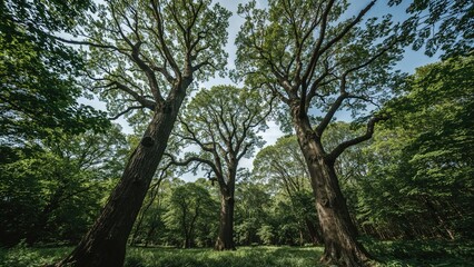Fototapeta premium Looking up at multiple green trees surrounded by forest, inspiring peace and harmony with nature.