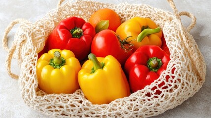 Vibrant Peppers in a Sustainable Mesh Bag