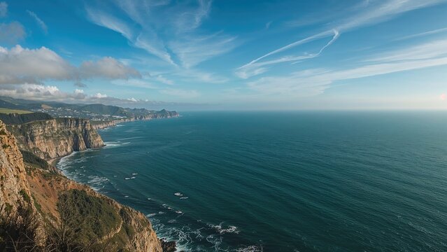 Scenic outlook over the rugged coastline and deep blue waters from a cliffside vantage point