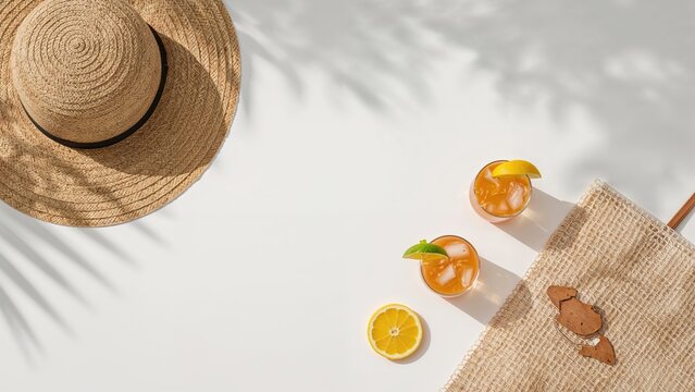 Tropical summer ensemble displayed flat on a white background. Holiday mood with straw headwear, refreshing citrus drinks, sun rays, and palm shadows captured from the top.