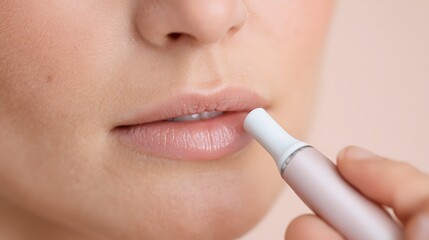 Woman using a lip care device for smooth, hydrated lips with a natural aesthetic