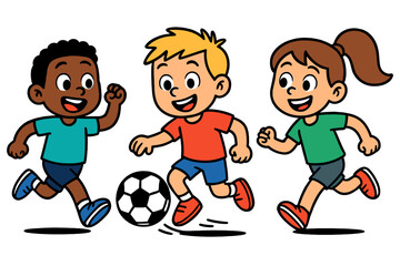 Diverse Group of Kids Playing Soccer – Cartoon Illustration