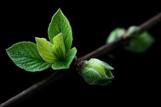 Fresh green leaves emerging from a branch in springtime against a black background