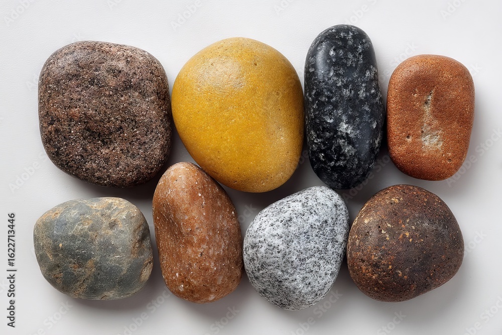 Poster collection of smooth stones highlighting various colors and textures arranged on a light background 
