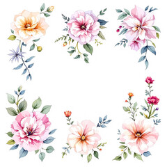 Seamless pattern with flowers and butterflies, Collection of flowers, Set of watercolor flowers, Clipart watercolor flowers