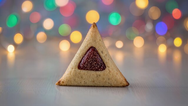 Authentic triangular dessert with poppy seed filling showcased on a bright, illuminated background. Text area provided. Crisp, clear photo.