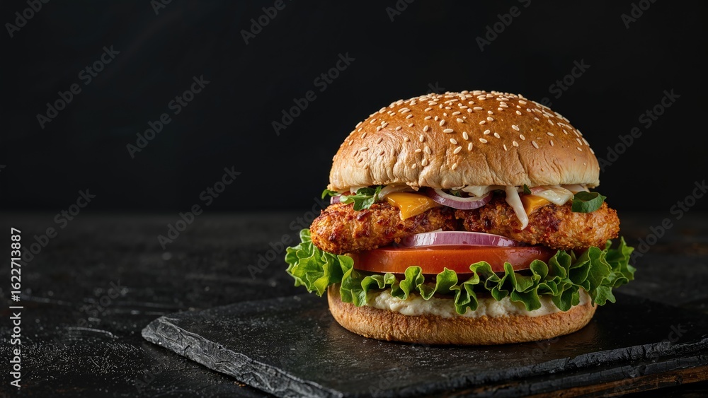 Poster appetizing breaded chicken or salmon burger with vegetables and dressing set against a dark backgrou