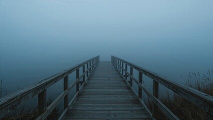 Fototapeta premium Wooden walkway spanning a calm lake under morning mist