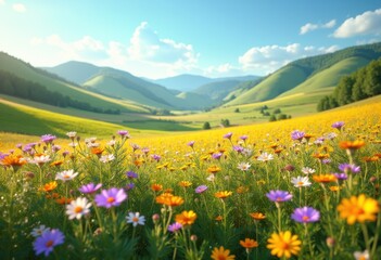 Fototapeta premium breathtaking rural landscape colorful wildflower fields blooming bright nature countryside serenity, scenery, vibrant, floral, meadow, sky, blossom, flora, petal