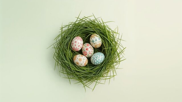 Charming simple Easter design with five vibrant painted eggs nestled in fresh grass on a pastel green backdrop.