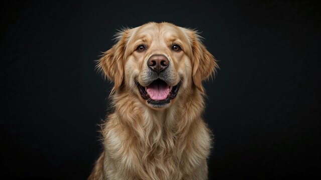 Charming golden retriever smiling brightly against a shadowy setting