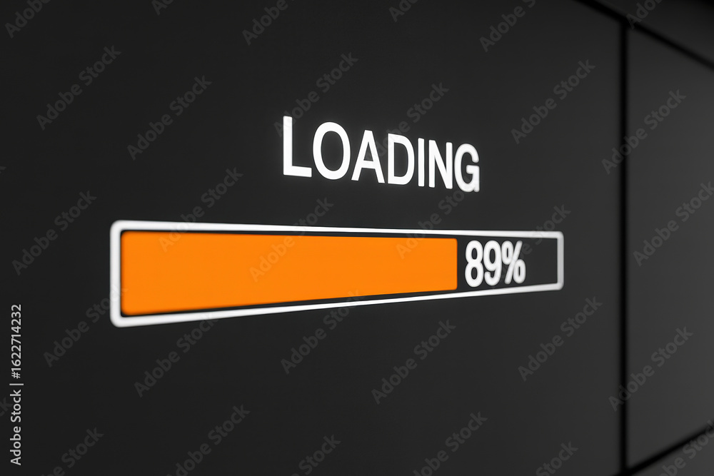 Poster loading progress bar at 89 percent on a dark background for software installation and data transfer