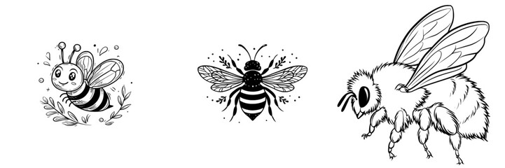 Obraz premium A modern black outline of a fat little bee is depicted in a doodle style, representing a cute cartoon honey insect from a top view, serving as a clipart and design element on the theme of nature,