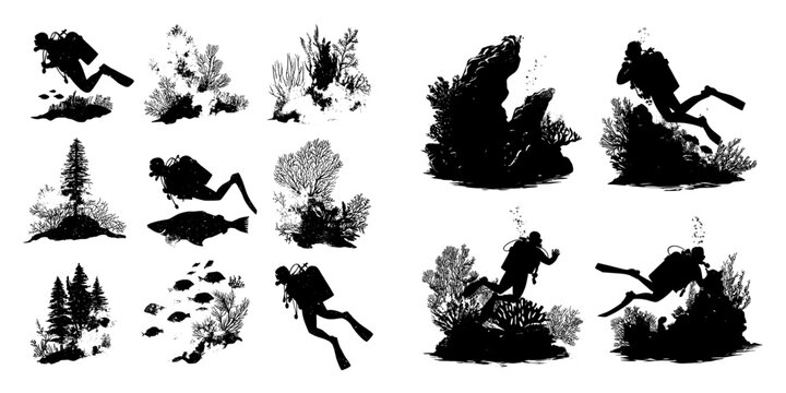 A set of silhouettes featuring a scuba diver submerged underwater, accompanied by a collection of caves containing corals and fish, representing water sports, as depicted in a modern illustration of