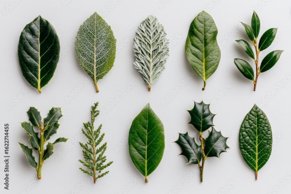 Poster collection of various green leaves arranged neatly on a light background highlighting their unique t