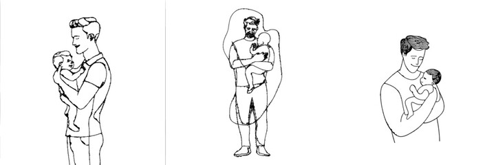 Obraz premium The illustration features a minimalist black linear sketch of a father and son bonding, set against a white background in a modern and continuous line art drawing style