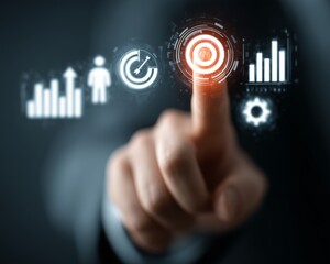 A business professional interacts with digital analytics and data visualization tools.