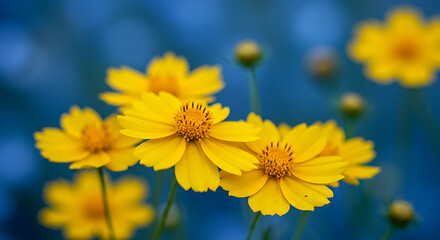 Sunlit yellow Coreopsis flowers in bloom against a vibrant blue bokeh background, capturing natural beauty and colorful garden elegance
