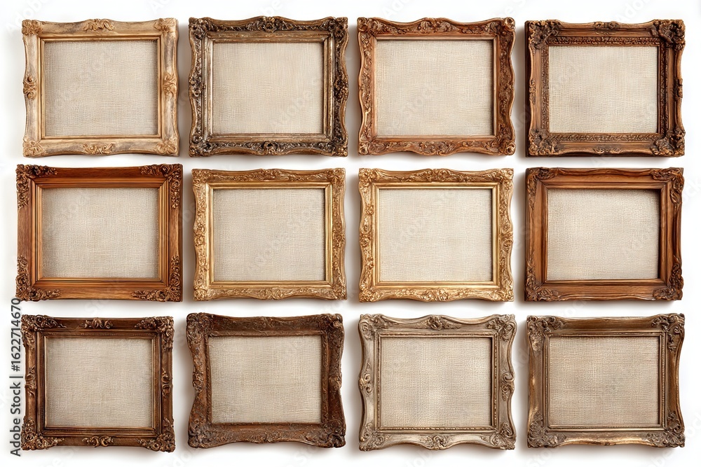 Poster Set of vintage empty picture frames arranged in a grid above a textured background showcasing intricate detailing and craftsmanship