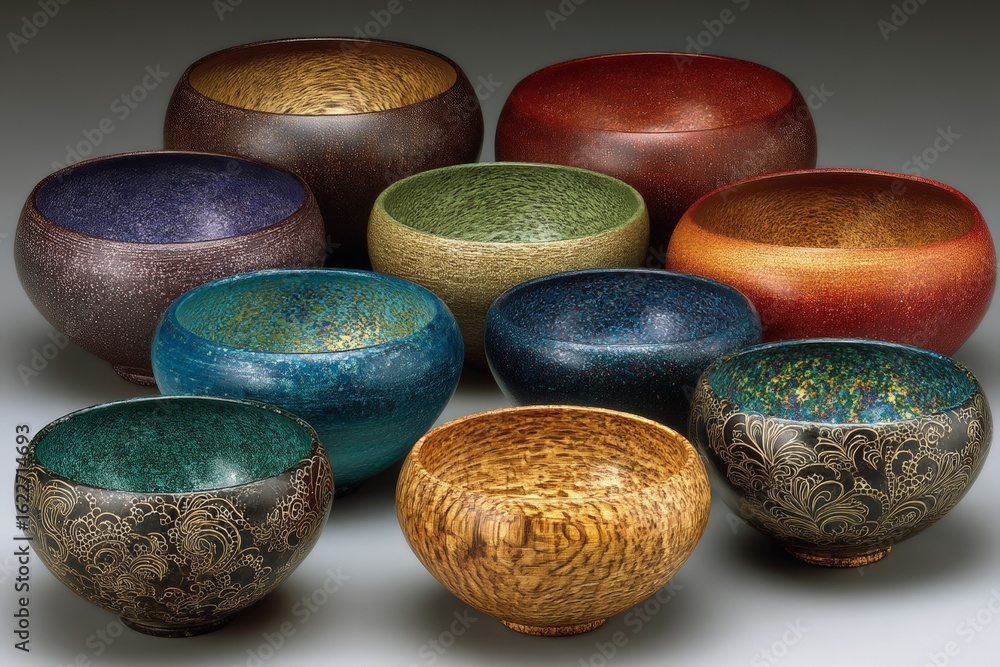 Poster decorative bowls in various colors and patterns arranged artistically on a neutral background
